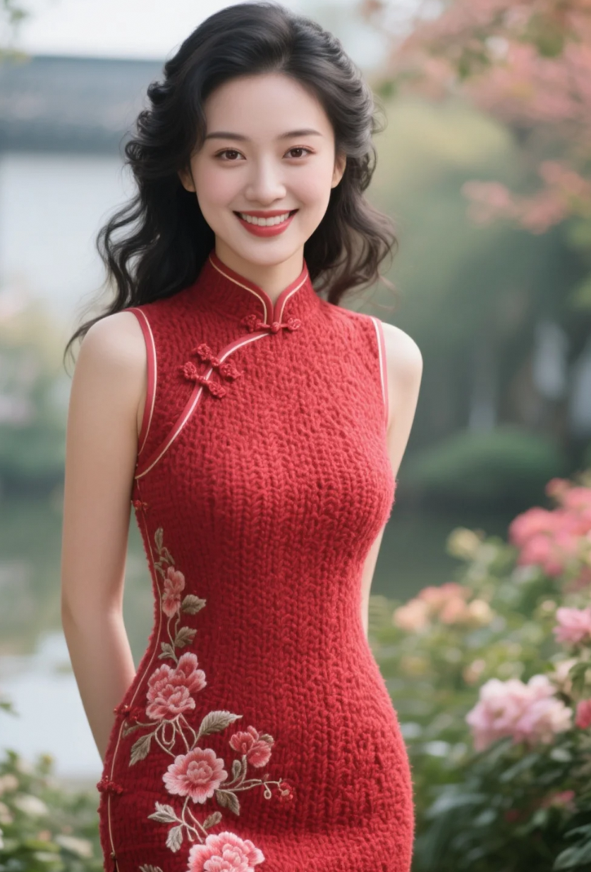 珠圆玉润身形，洋红绣花旗袍，演绎东方女性之美