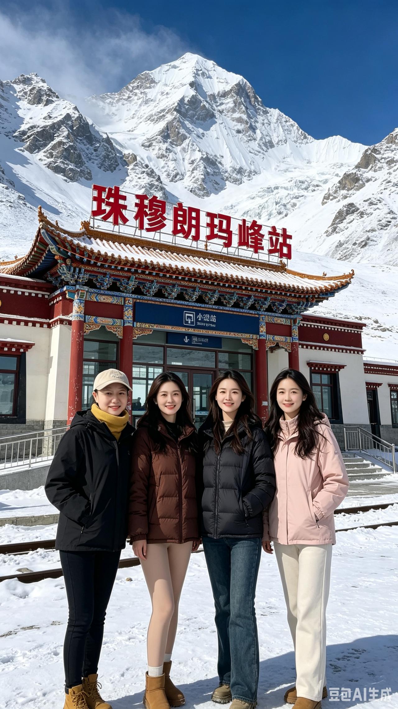 珠峰顶上建亭台，雪岭茫茫景致开。四位姑娘容貌俏，亭亭玉立惹人猜。