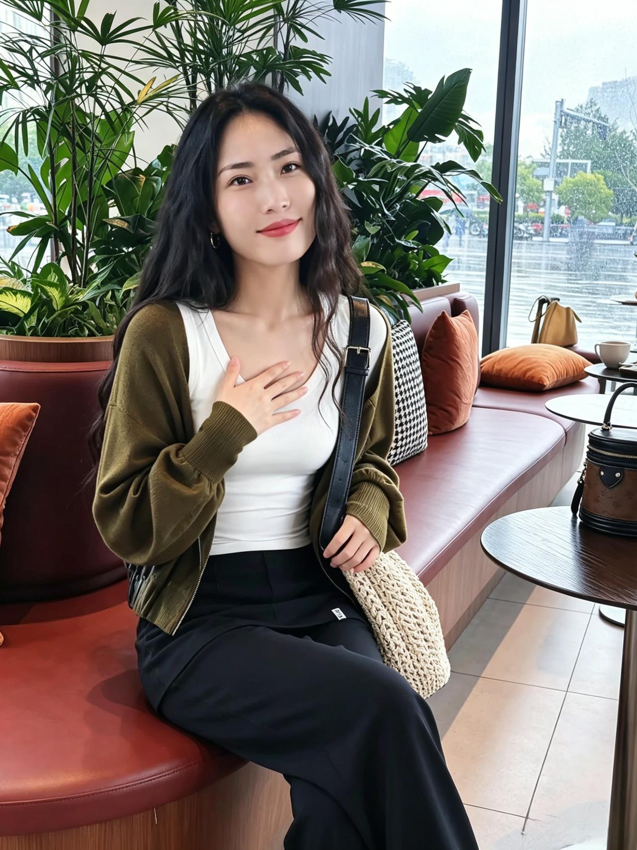 橄榄轻衫衬雪肌，乌云垂落映清辉。嫣然一笑春风软，仪态天然自淑姿。闲坐浅含林下