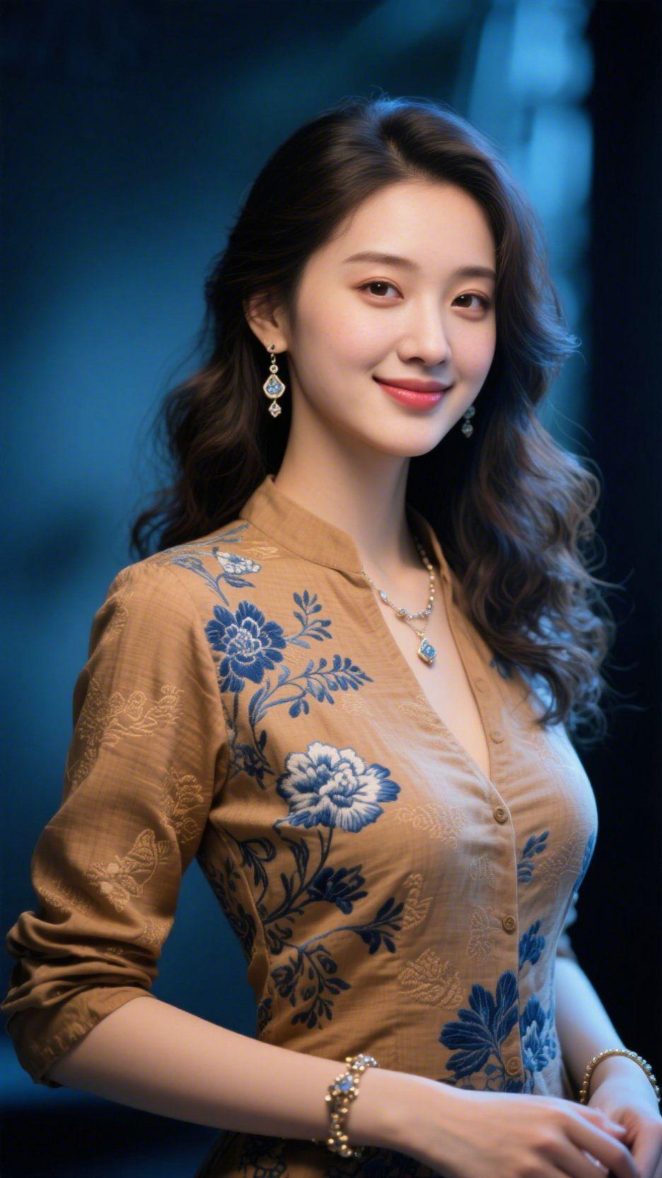 《棕衣藏蓝的温雅》浅蓝柔光浸在深幽背景里，落向那身棕褐衣装时，靛蓝绣纹随衣