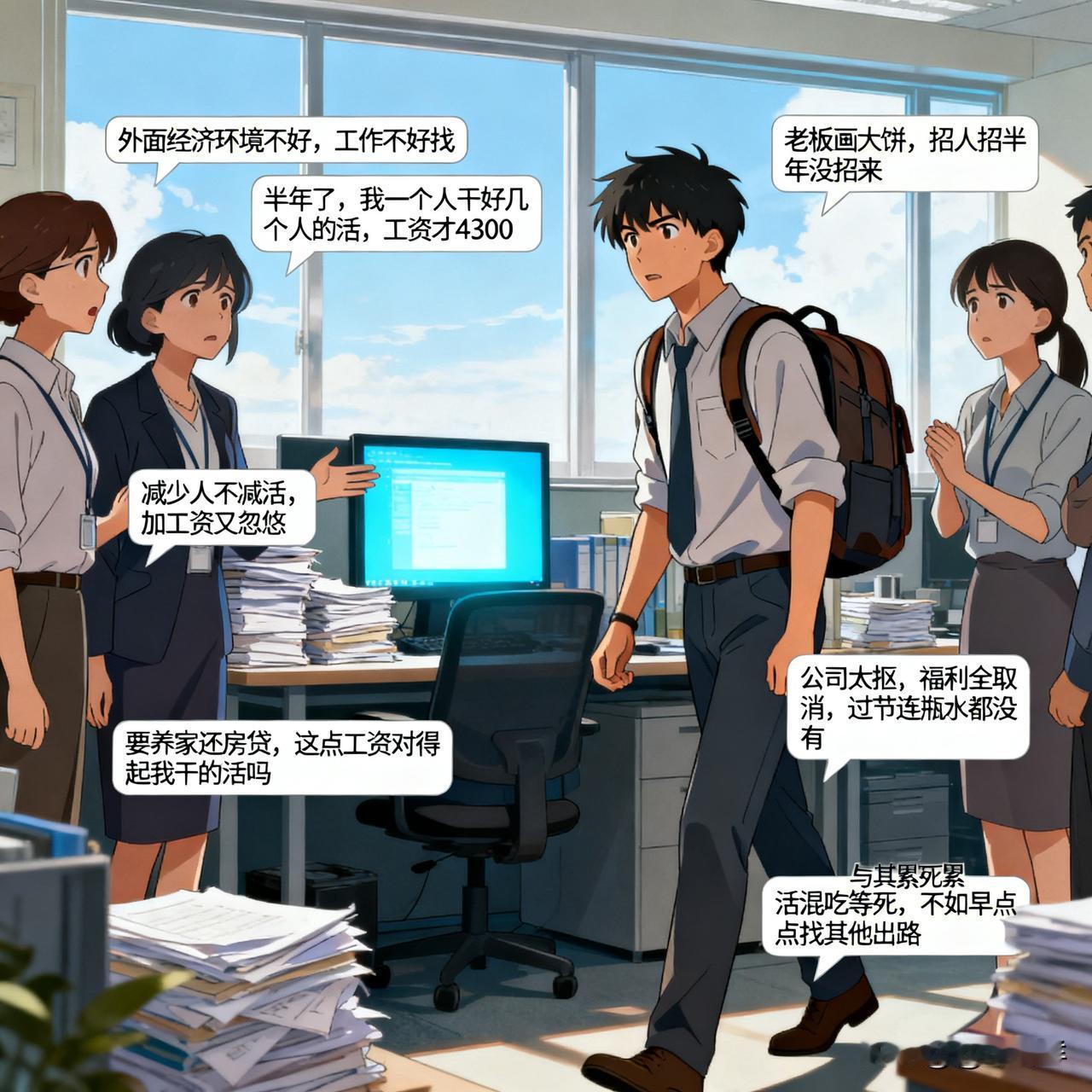 今天办公室的同事又辞职走了一个，同事们都劝他外面经济环境不好，工作不好找，但是他