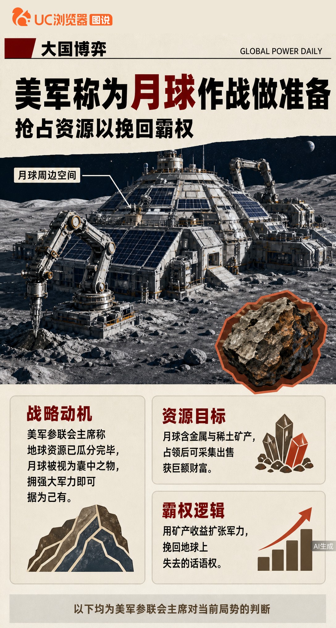 美军参谋长联席会议主席丹·凯恩宣称，美军不仅要备战地球轨道，还要准备在月球周边作战。美方把月球视为抢