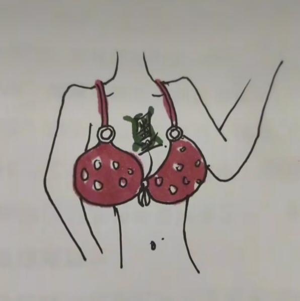 〔看图猜词语〕图中美女一部分；画的比较投入些；胸罩上面有爱字；就等你猜个