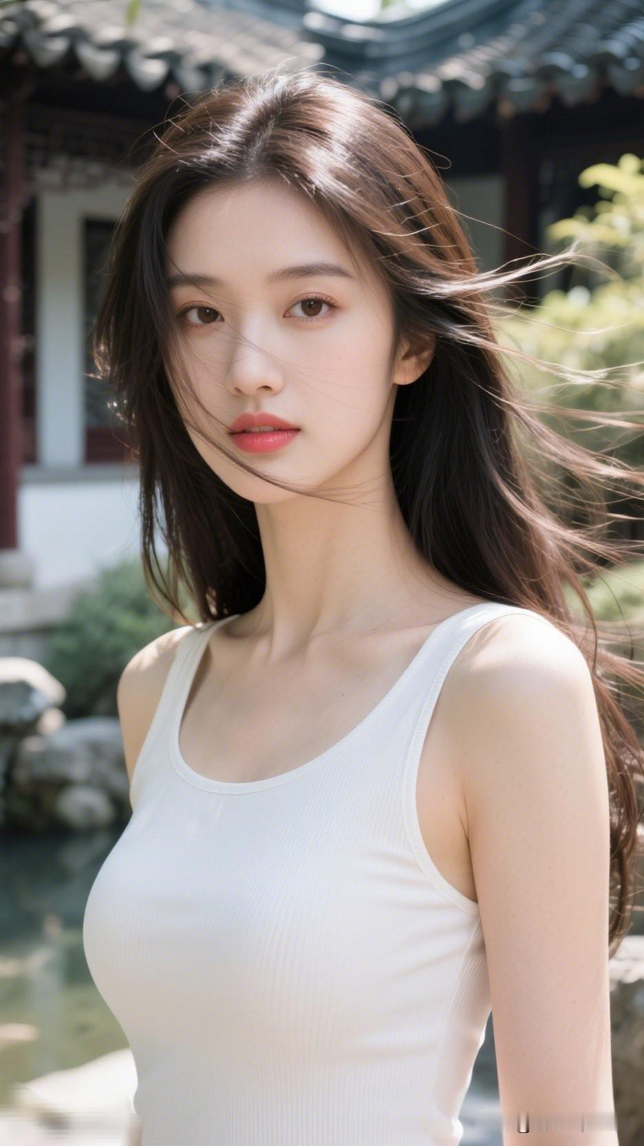 夏日清凉，少女漫步在古风庭院中，微风轻拂发梢，恬静而美好。美女的美丽体现在何处呢