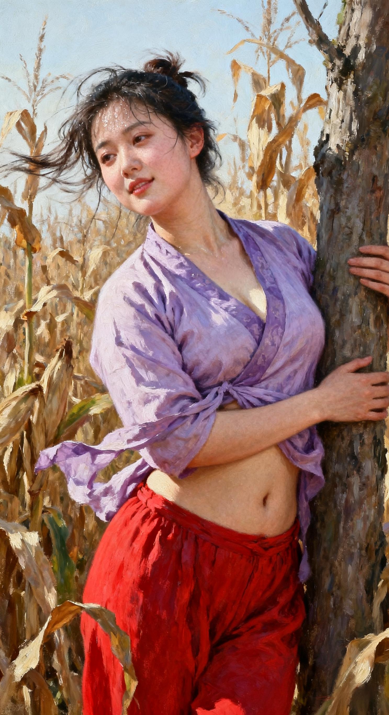 油画艺术 人与自然  玉米丰收的季节