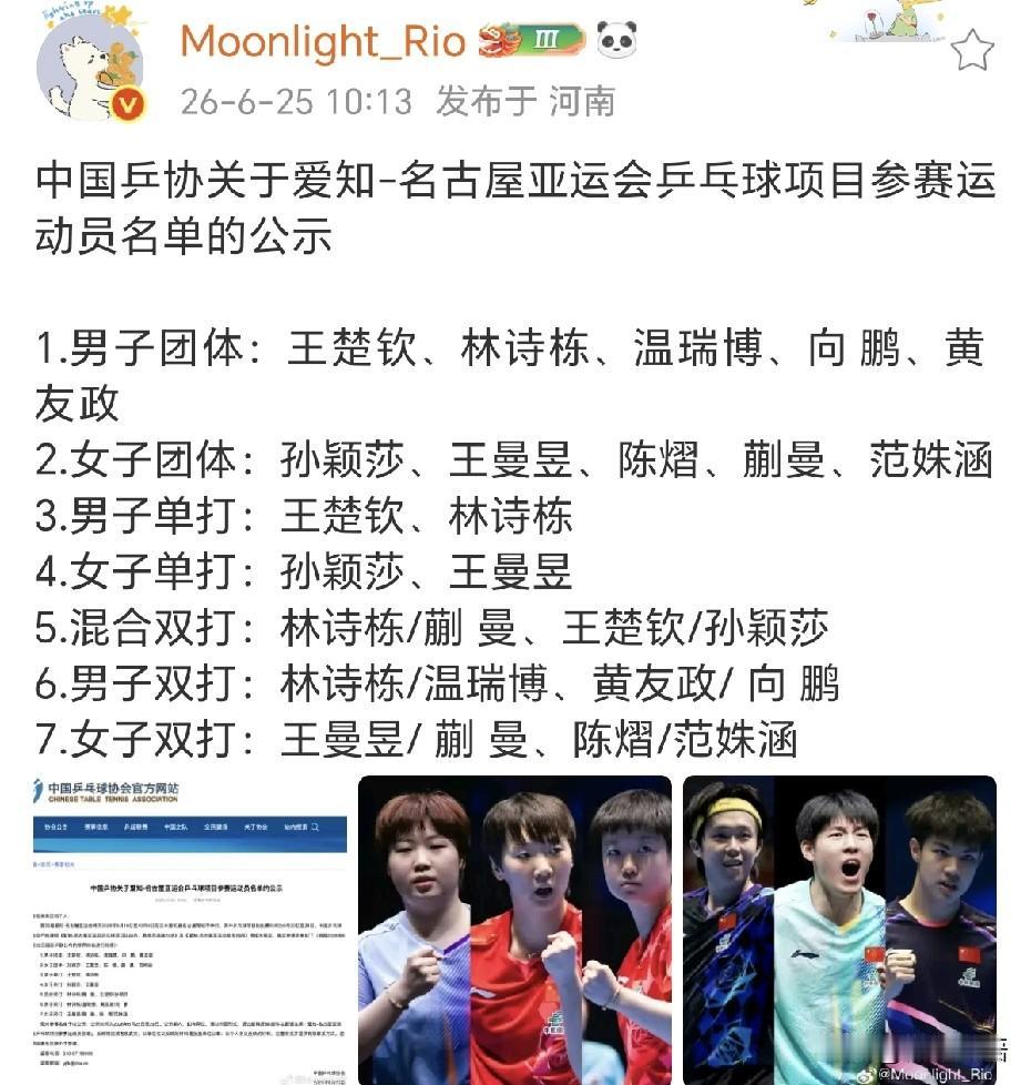 梁靖崑没有拿到亚运会参赛资格。刚刚看到国乒公布了名古屋亚运会参赛名单，男团最后