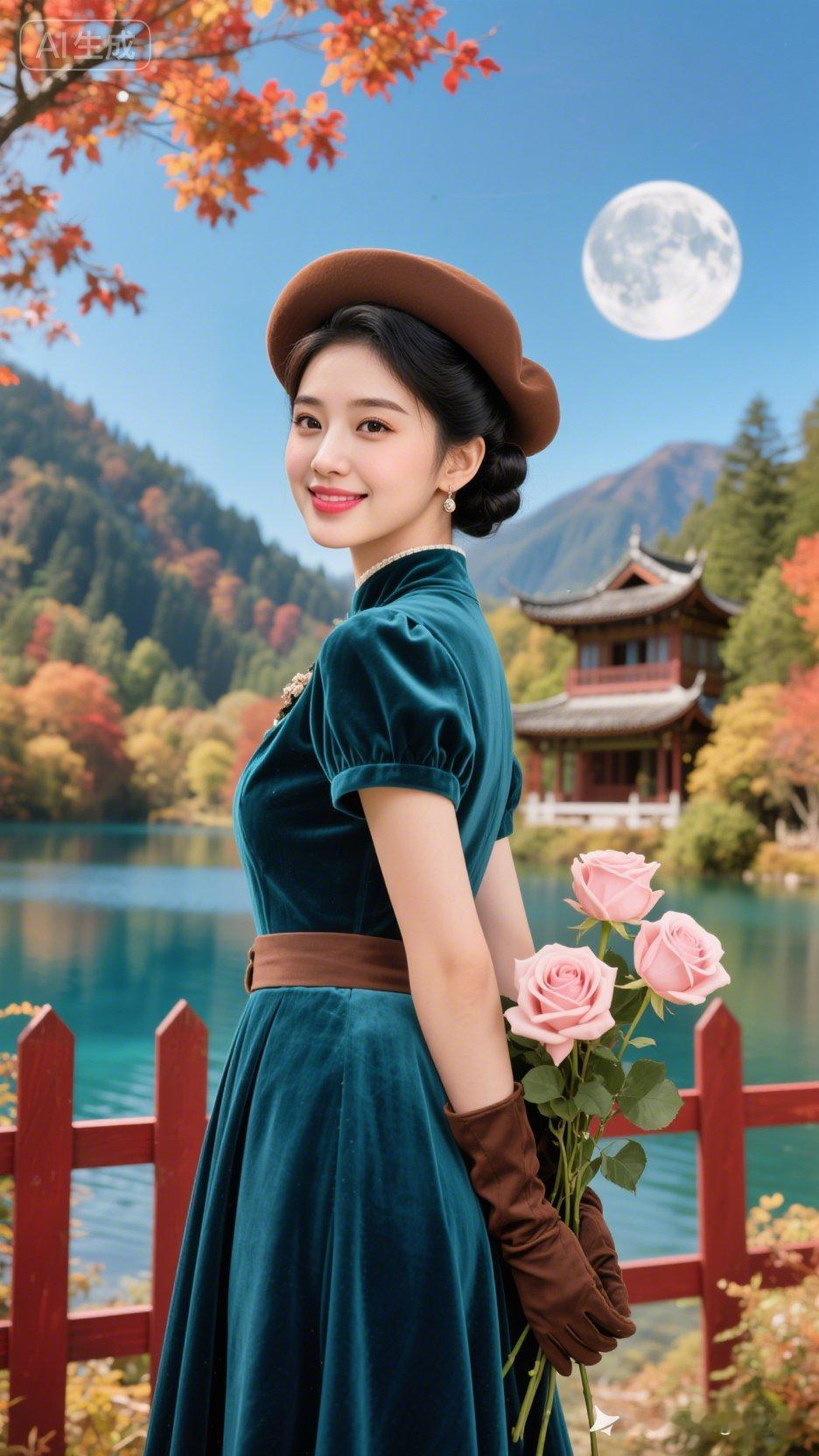 九寨沟熊猫海秋景里，红叶栅栏、蓝天与中式楼阁衬出复古优雅。