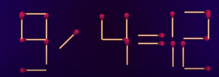 各位解谜高手，看过来！图中由火柴棒组成的等式“9-4=12”是错误的。