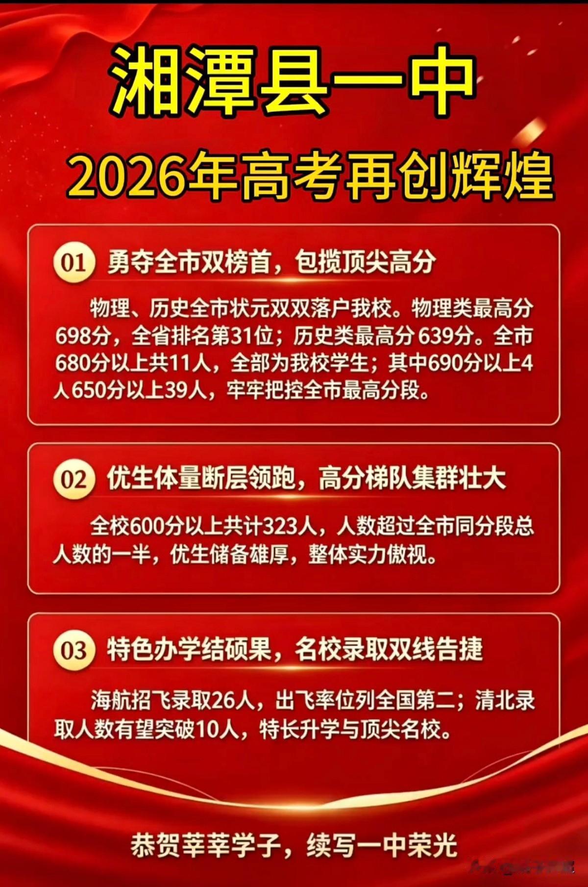 湖南省湘潭县一中2026年高考成绩湘潭县一中是湖南顶尖的县域高中，设有海航班，