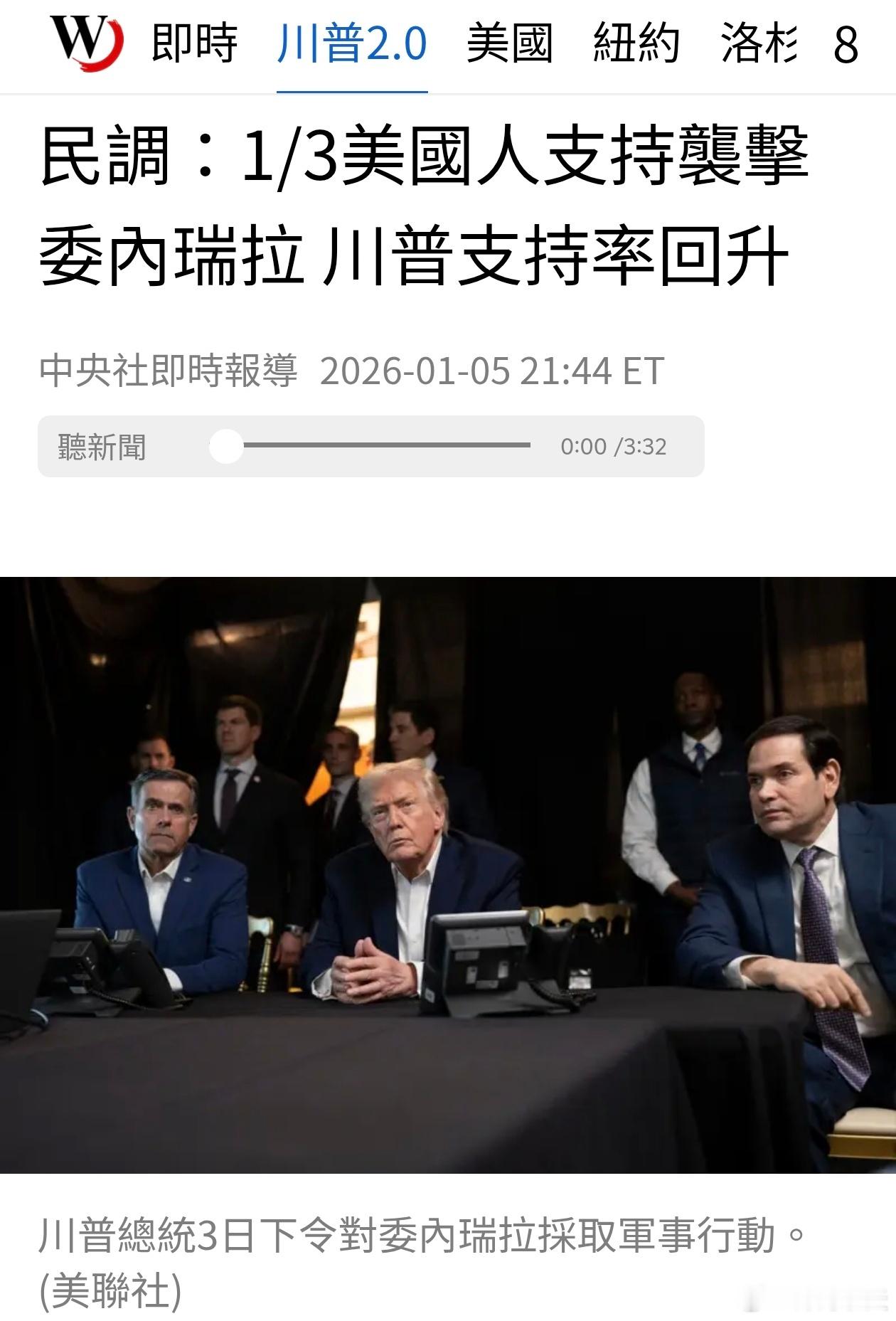 民调：1/3美国人支持袭击委内瑞拉，特朗普支持率回升路透社报导，今天完成的民调显