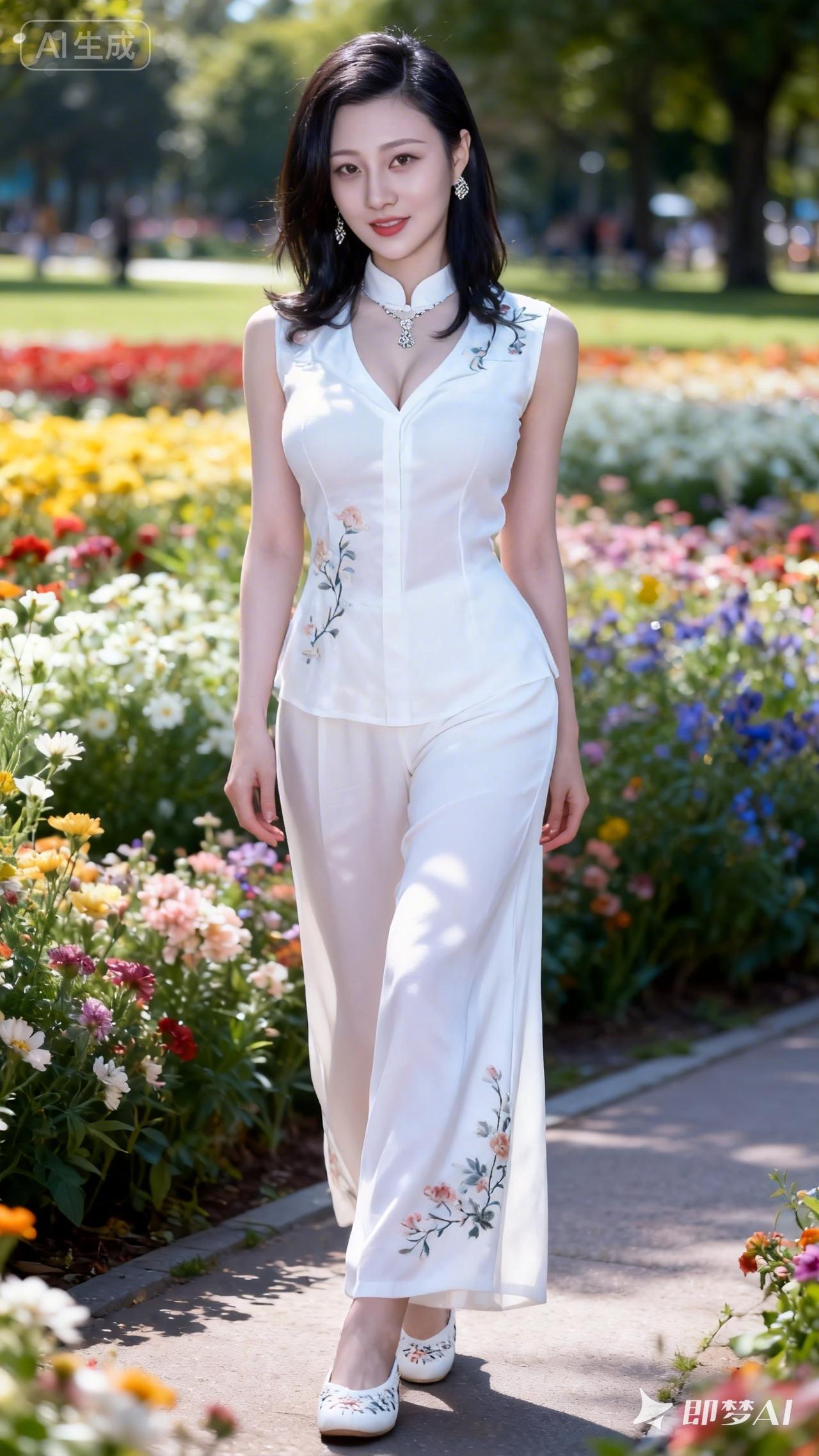 优雅白裙漫步花海，尽显东方韵味