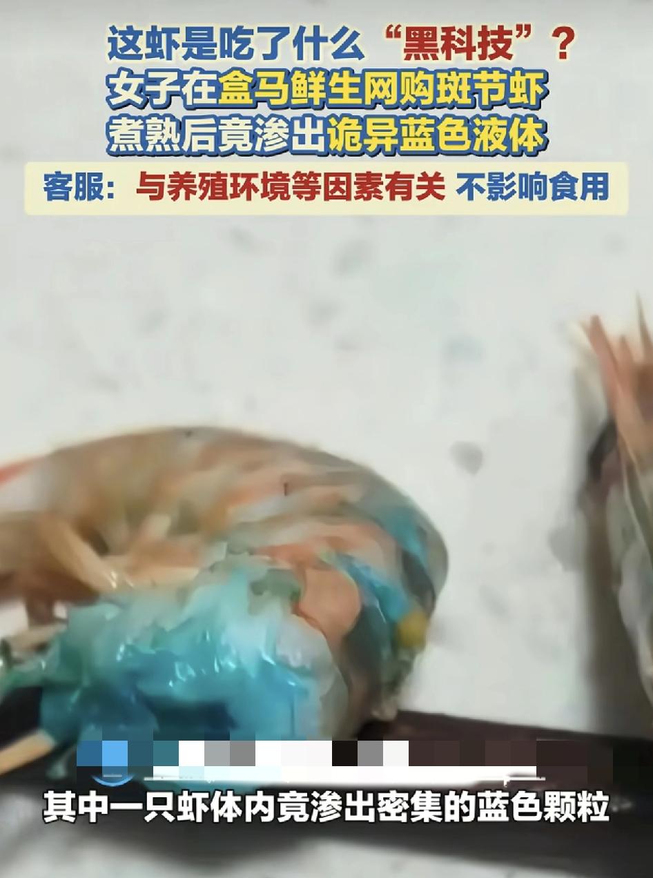女子在盒马生鲜超市买的一款番茄虾，回家煮熟之后放进冰箱，中午拿出来一看，发现有蓝