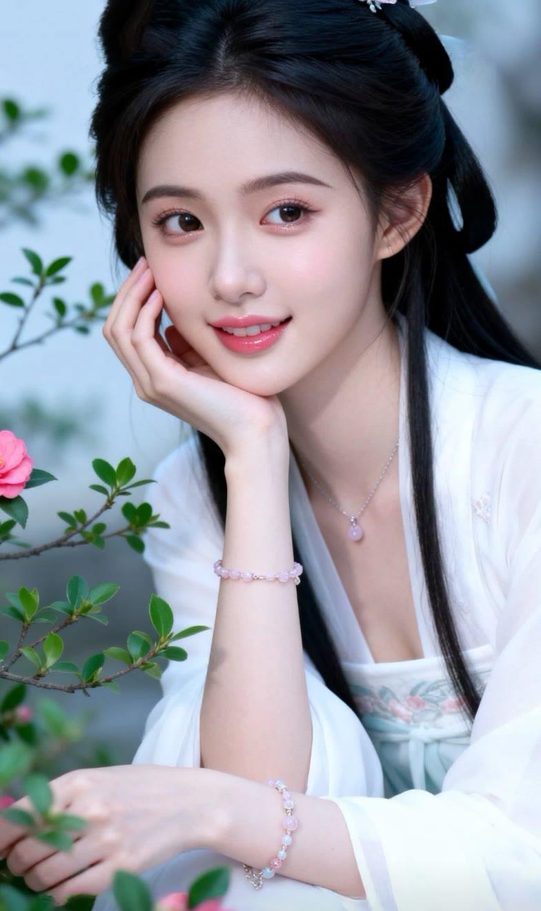 温柔古风少女，花间微笑，岁月静好