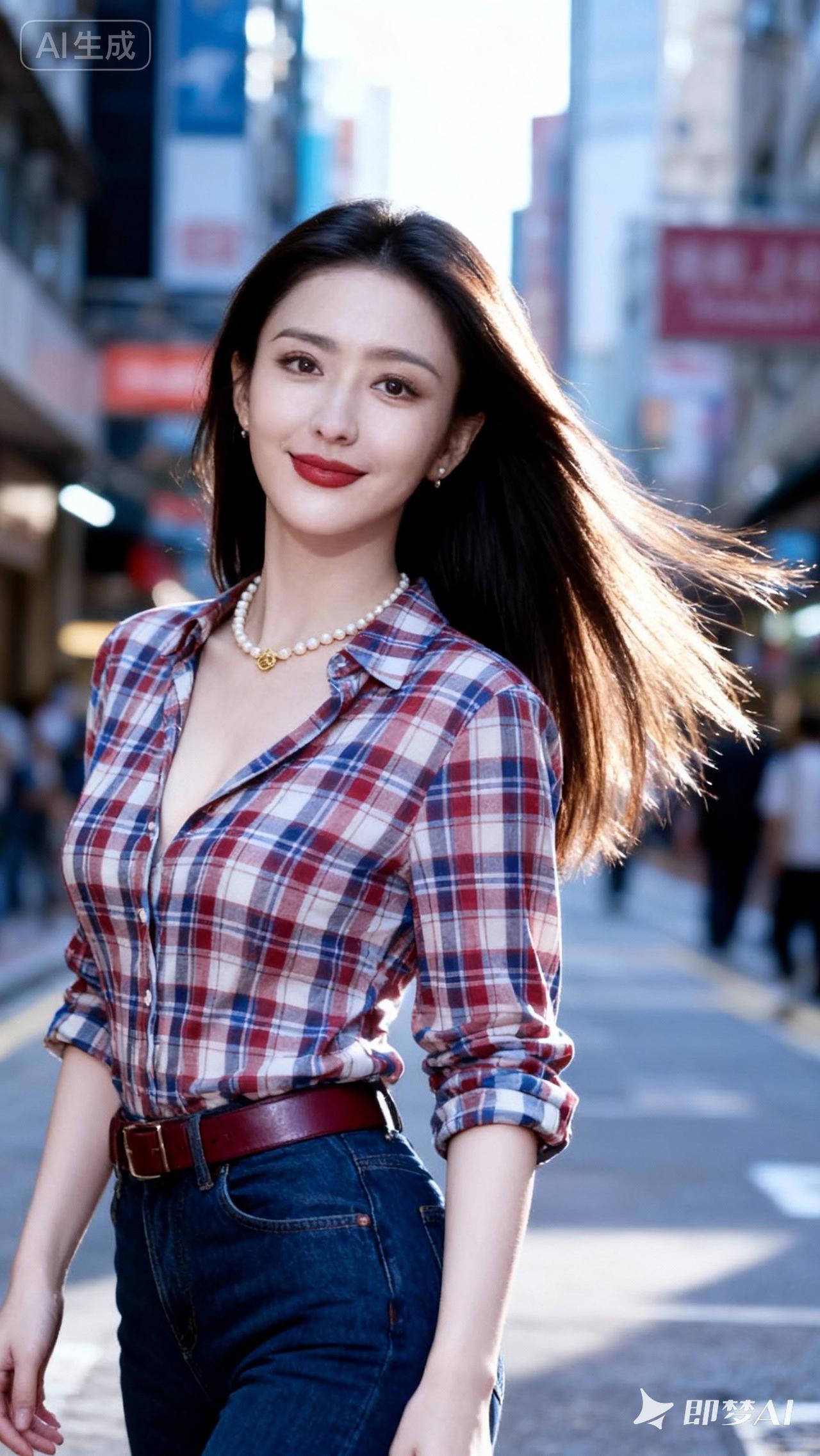 都市时尚女孩，红唇与格子衫的完美搭配，街拍大片！