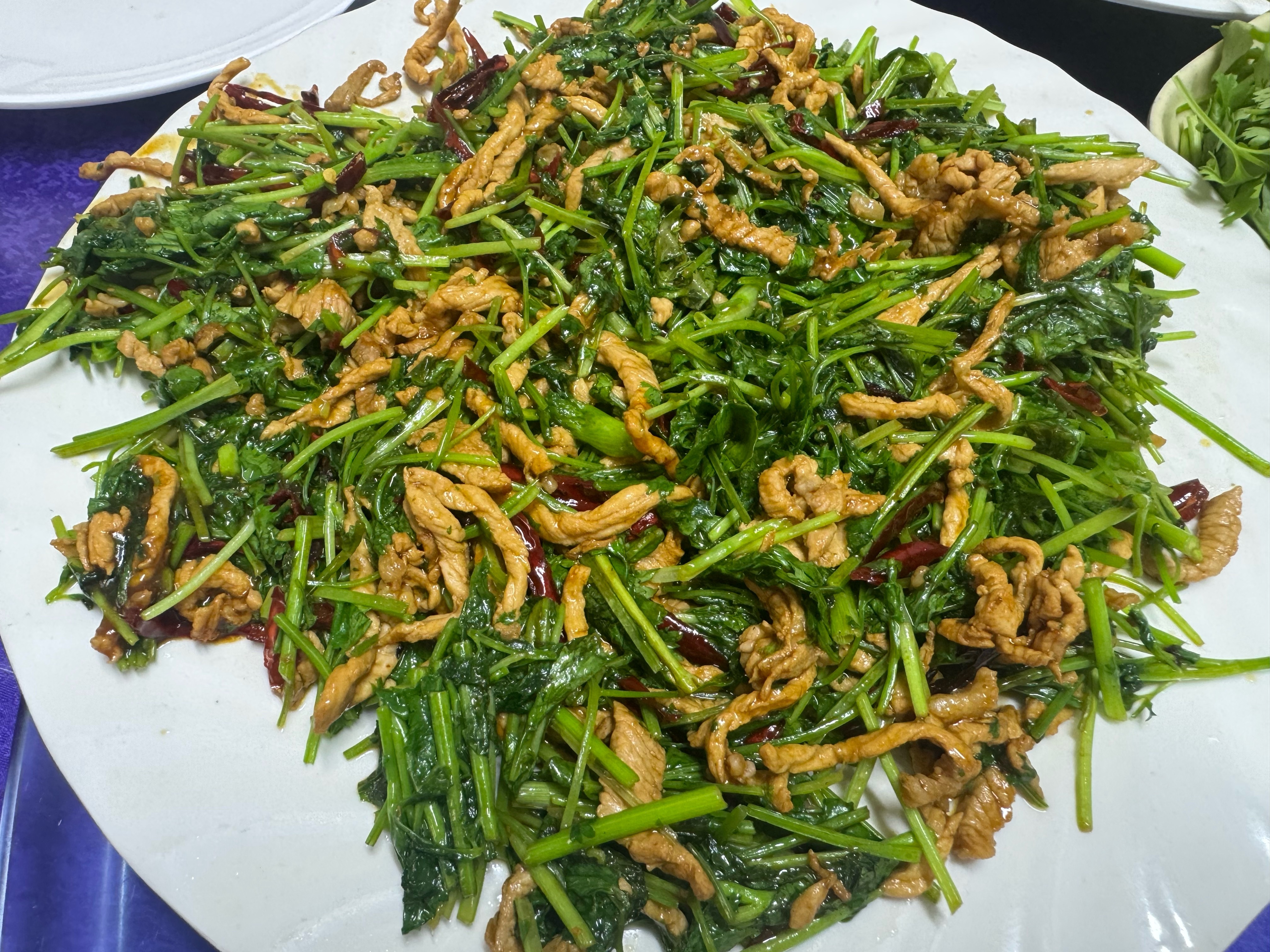 算是整上这口筋饼了，旁边全是卷饼的菜。这个饼非常薄，图7这个两张，已经薄到快透明