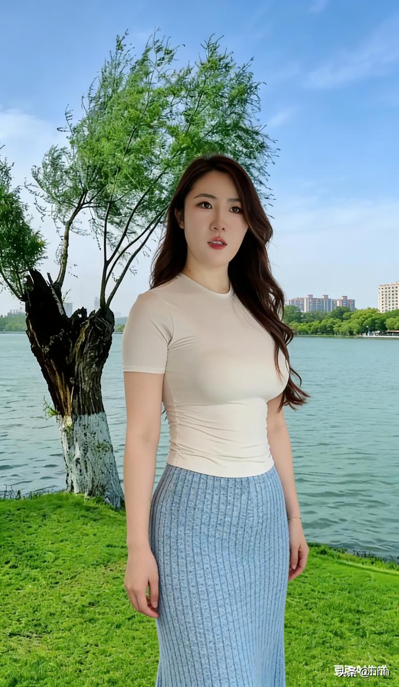 夏日清新穿搭，浅蓝色连衣裙搭配米色上衣，优雅自然。