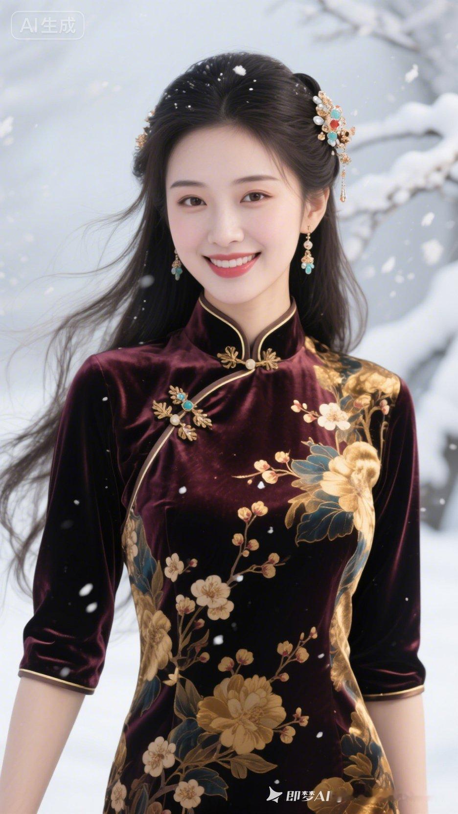 绝色美人，肤白貌美，身着金丝绒印花高档真丝缎面中袖旗袍，色泽明艳。长发飘逸微乱，