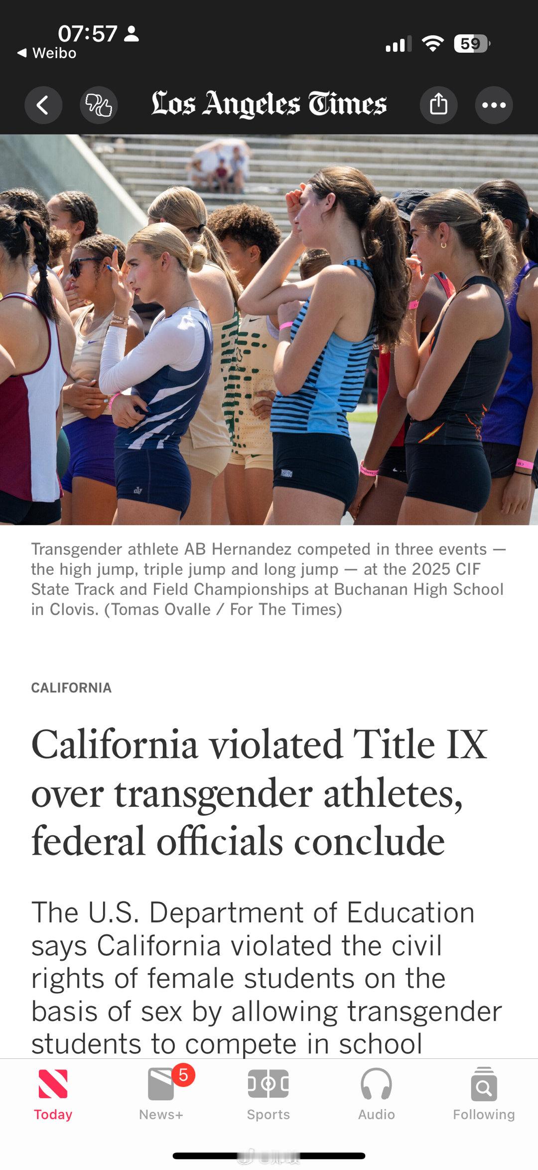 美国教育部表示，加利福尼亚州因允许跨性别学生根据其性别认同参加学校体育比赛，基于