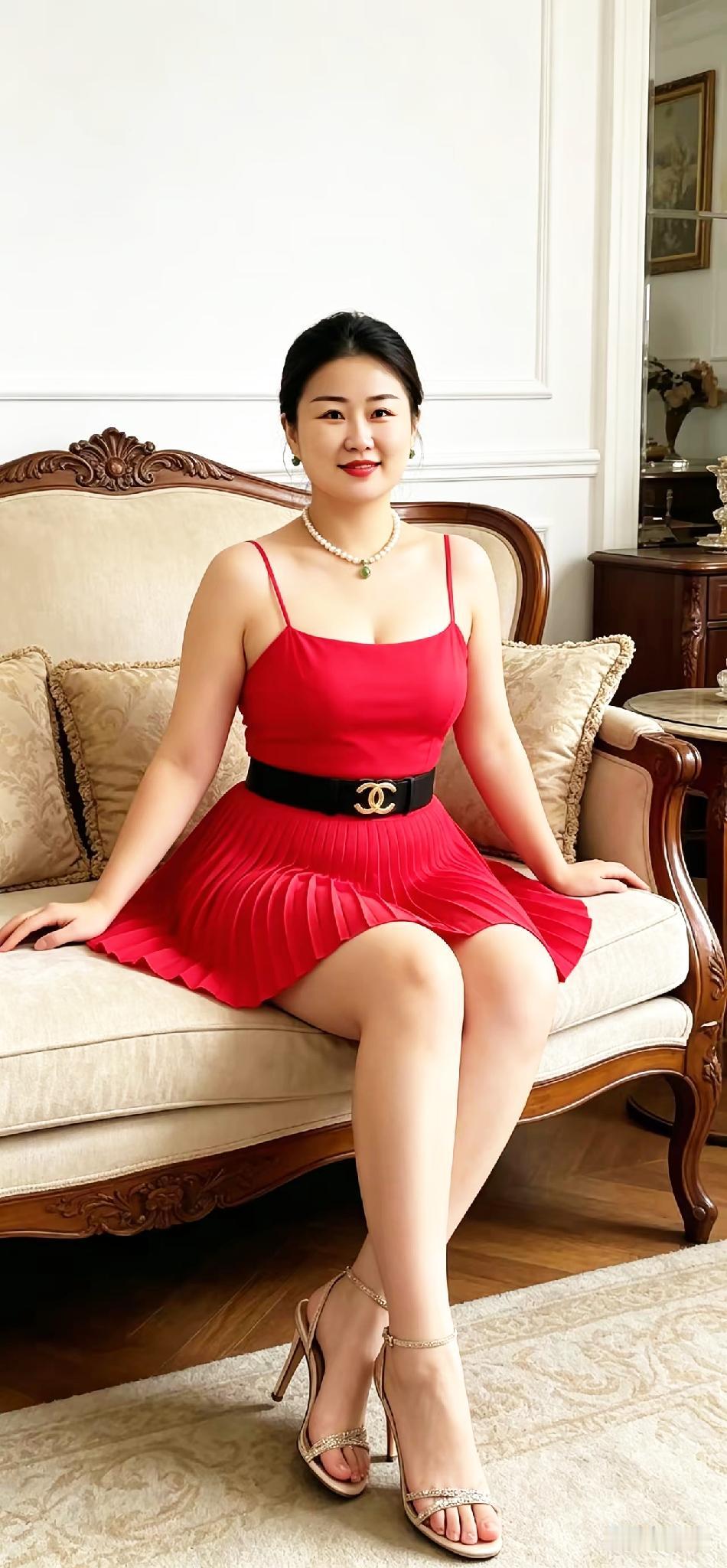 穿红色裙子的女士坐在沙发上。