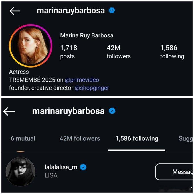 marinaruybarbosa（巴西超模、演员）关注了Lisa的Instagr