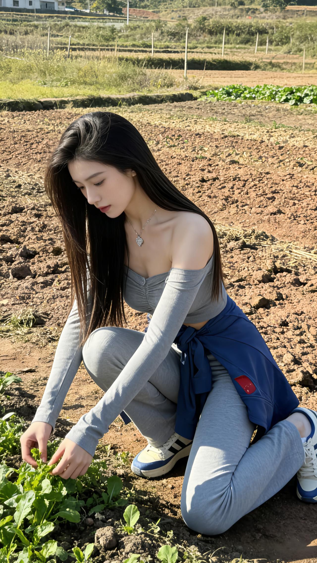 田园少女在田间劳作，享受自然与宁静。