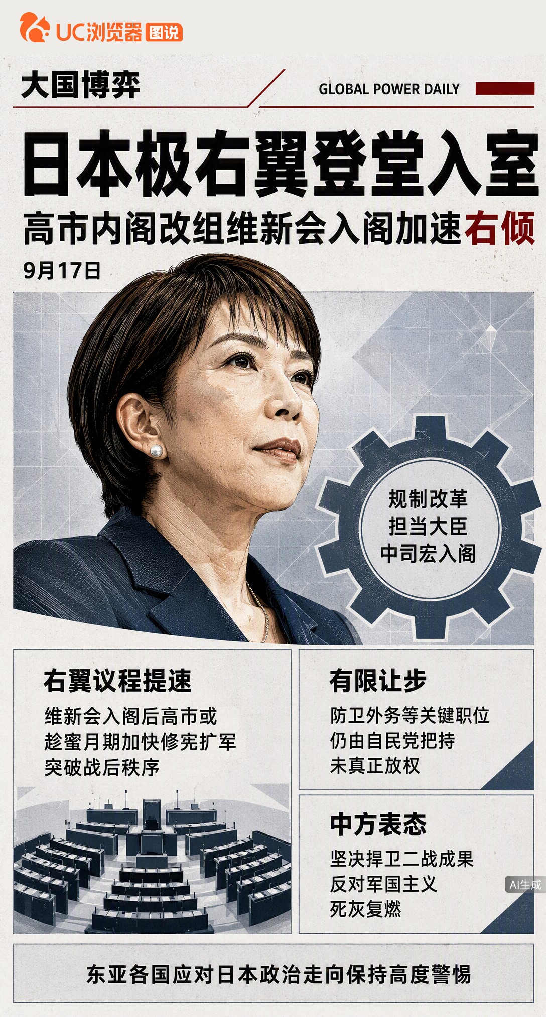 高市早苗内阁改组，极右翼维新会正式入阁。但防卫、外务等关键职位仍由自民党把持，既想深度绑定提速右倾议