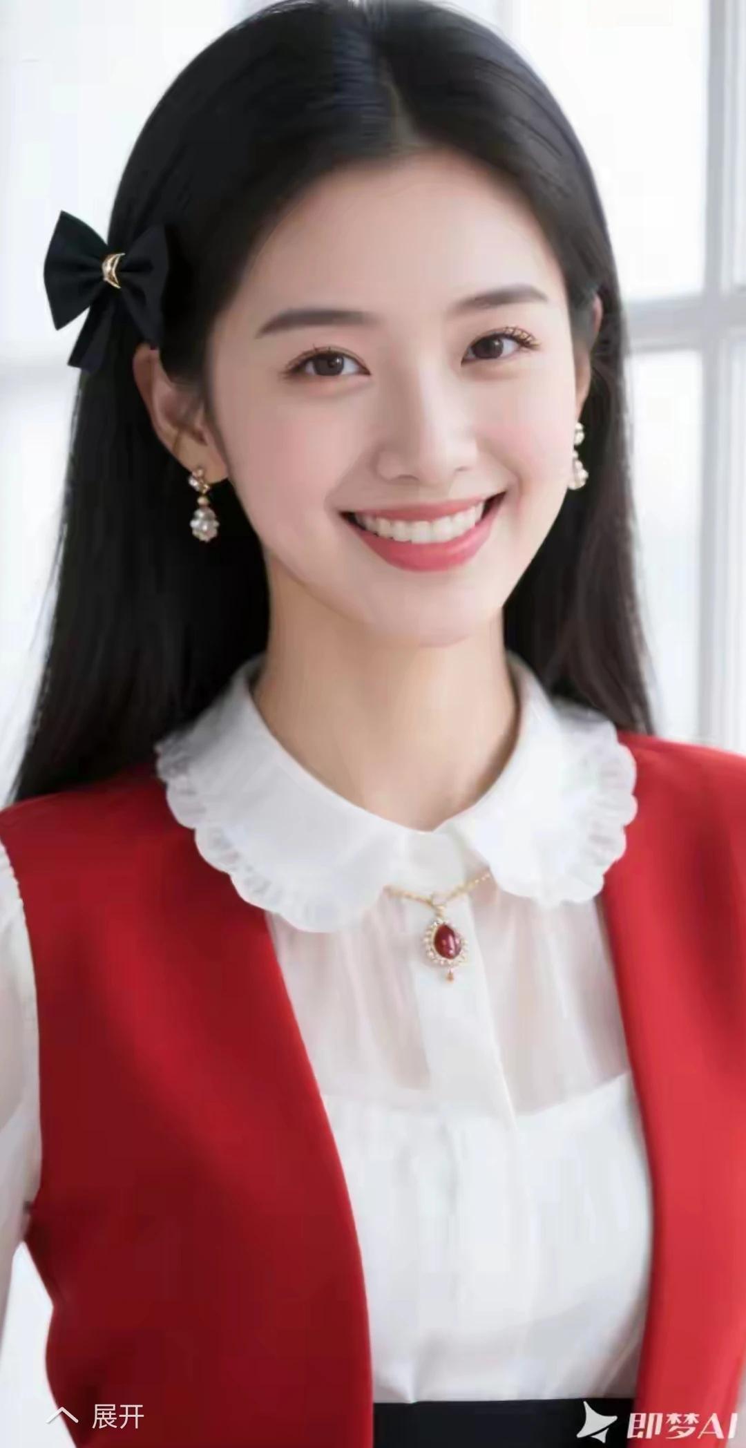 出水芙蓉，亭亭玉立。明眸皓齿，美若冠玉。红色背心，搭白衬衫。黑蝴蝶结，笑容
