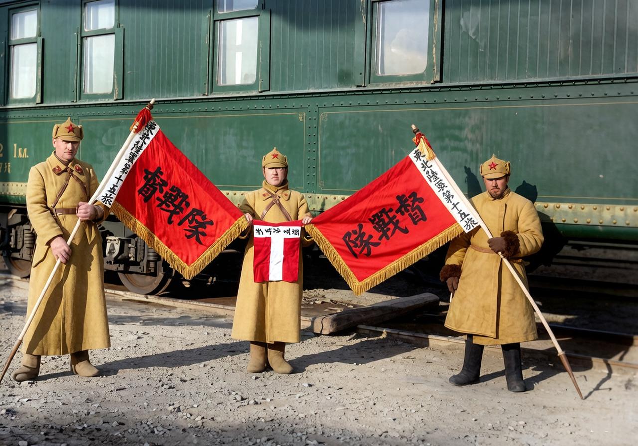 1929年，三名前苏联士兵正在展示缴获的东北军督战队旗帜。这一年，中苏之间围绕中