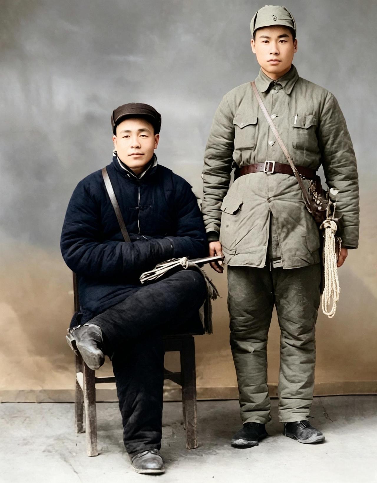 这张照片是抗战期间在山东临沂拍的。坐着的男人穿深蓝棉衣、戴八路军式样的灰帽，腰束