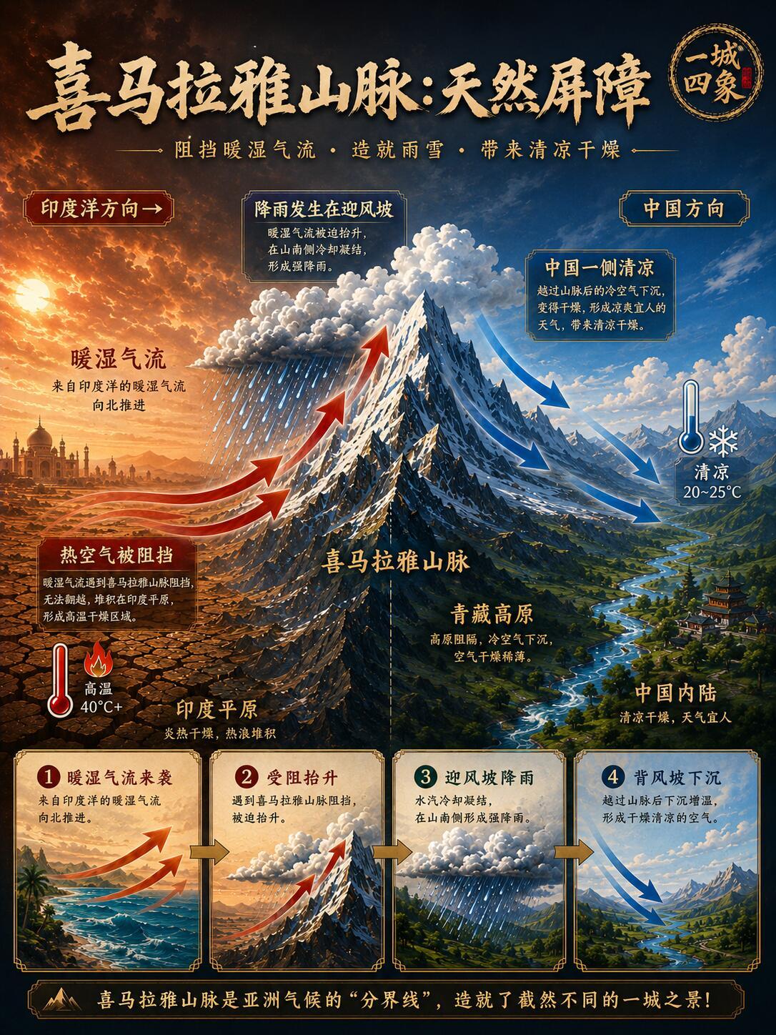 喜马拉雅替我们扛下了印度的高温。把原理和地形关系画成了4张图，看完你就懂了。
