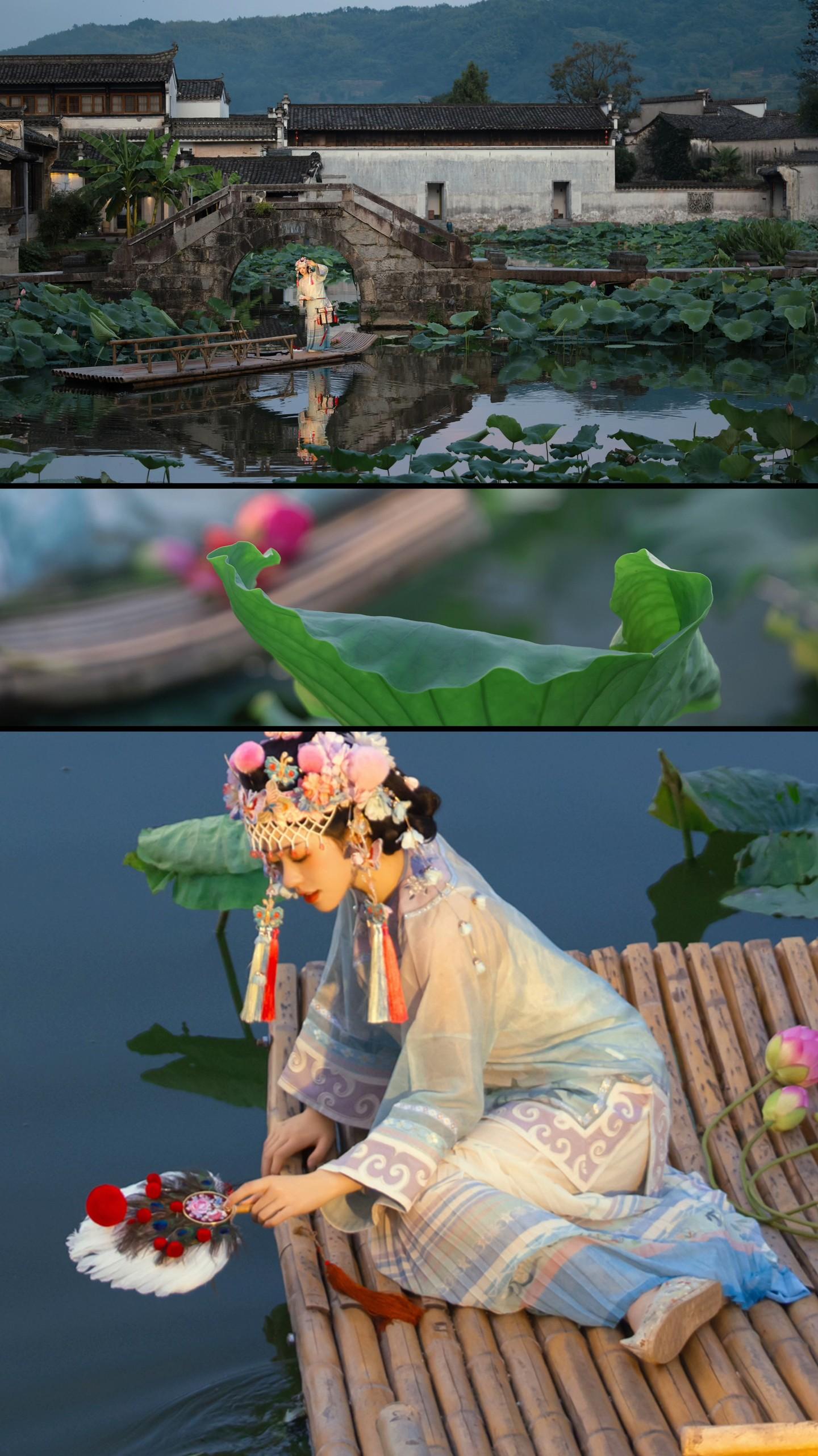 “跟着我的竹筏看一遍呈坎荷花”。出镜  妆造