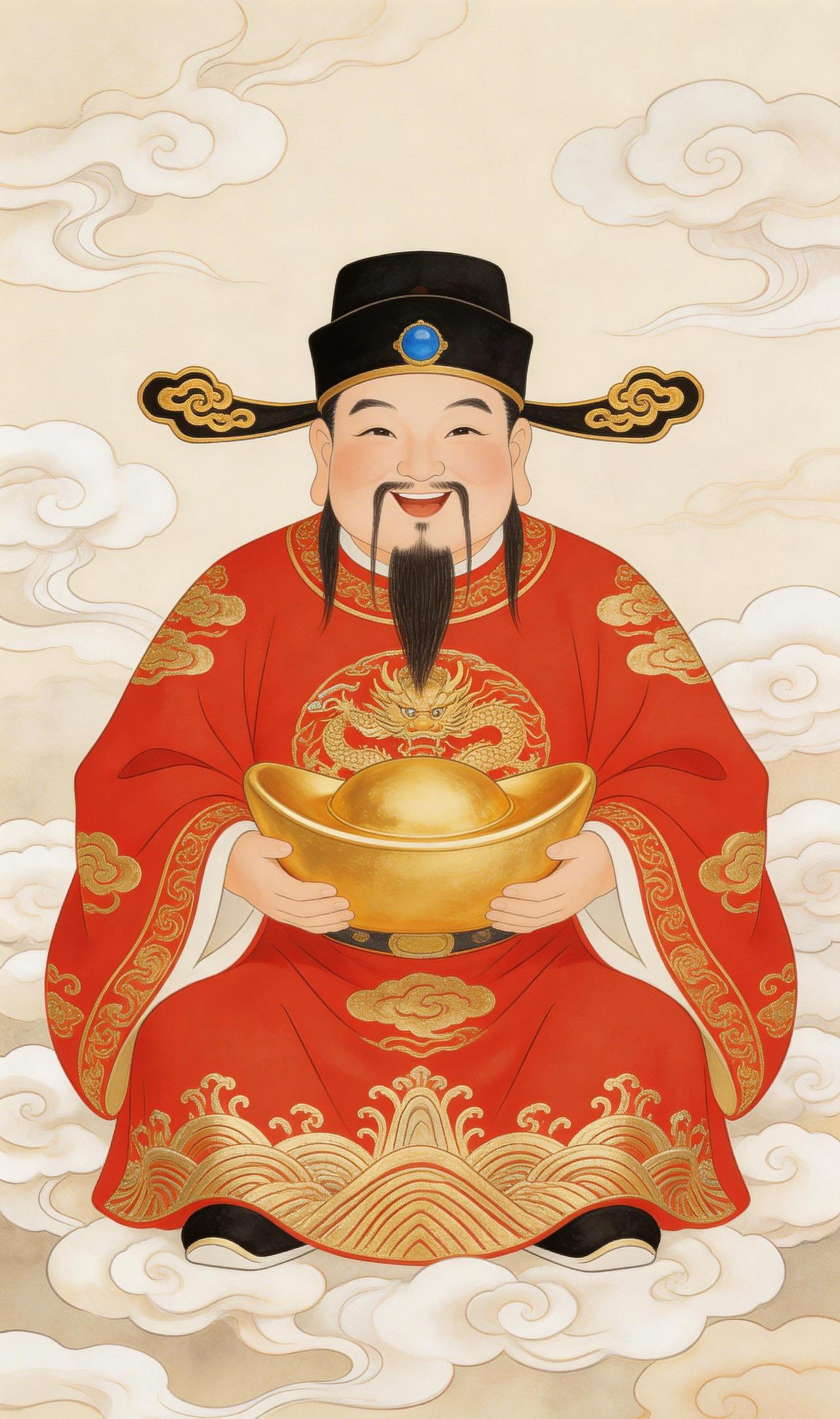 云路迎祥，财神赐福入凡尘祥云瑞气漫庭除，红衣财神踏云来。丙午新岁，福曜临门。