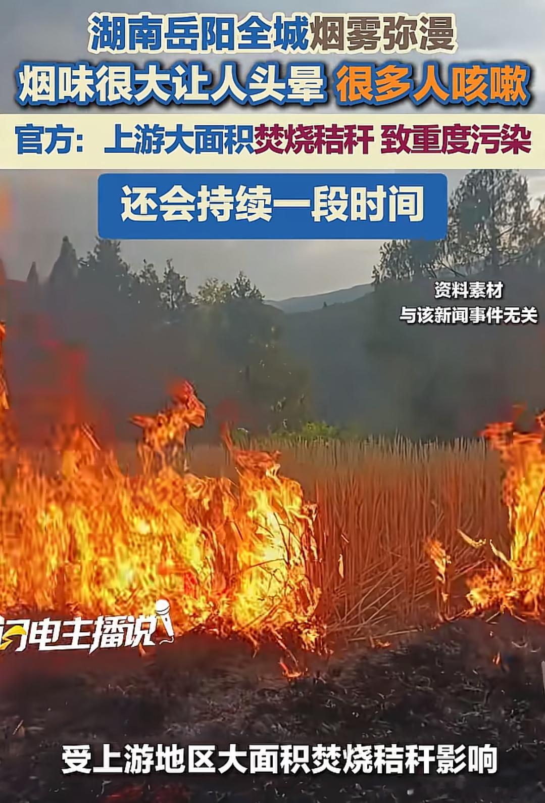 湖南岳阳大面积焚烧秸秆，全城烟雾弥漫看新闻说“烟味很大让人头晕，很多人咳嗽”看评