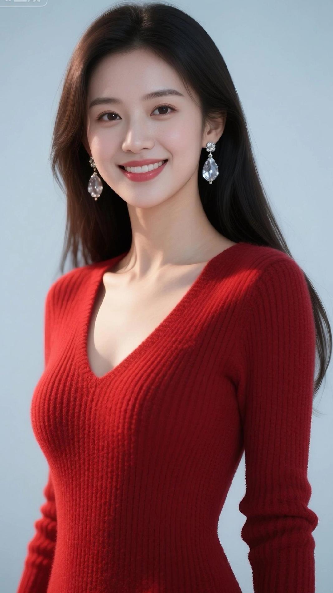 甜美笑容，红衣闪耀，优雅动人！🌹✨