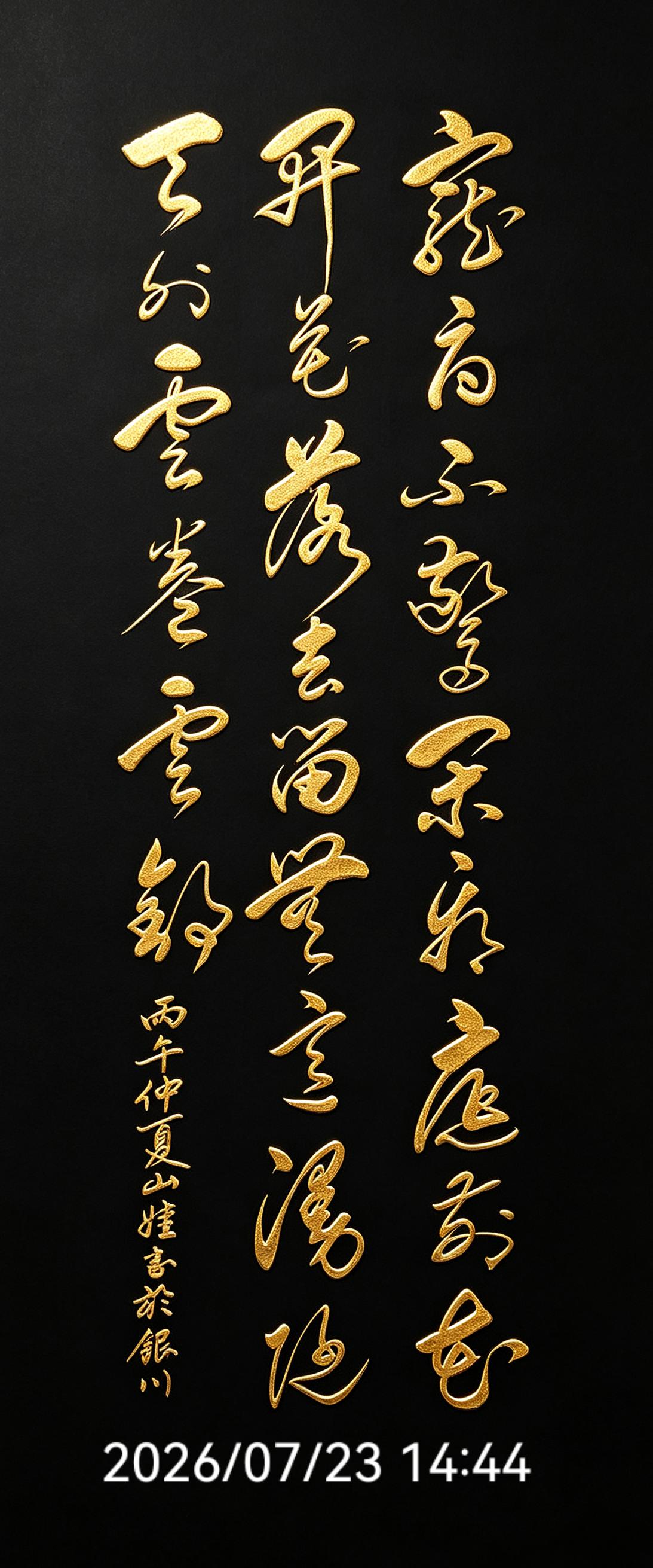 家人们，今天带来一幅静心草书，黑底鎏金写的千古名句：宠辱不惊，闲看庭前花开花落；