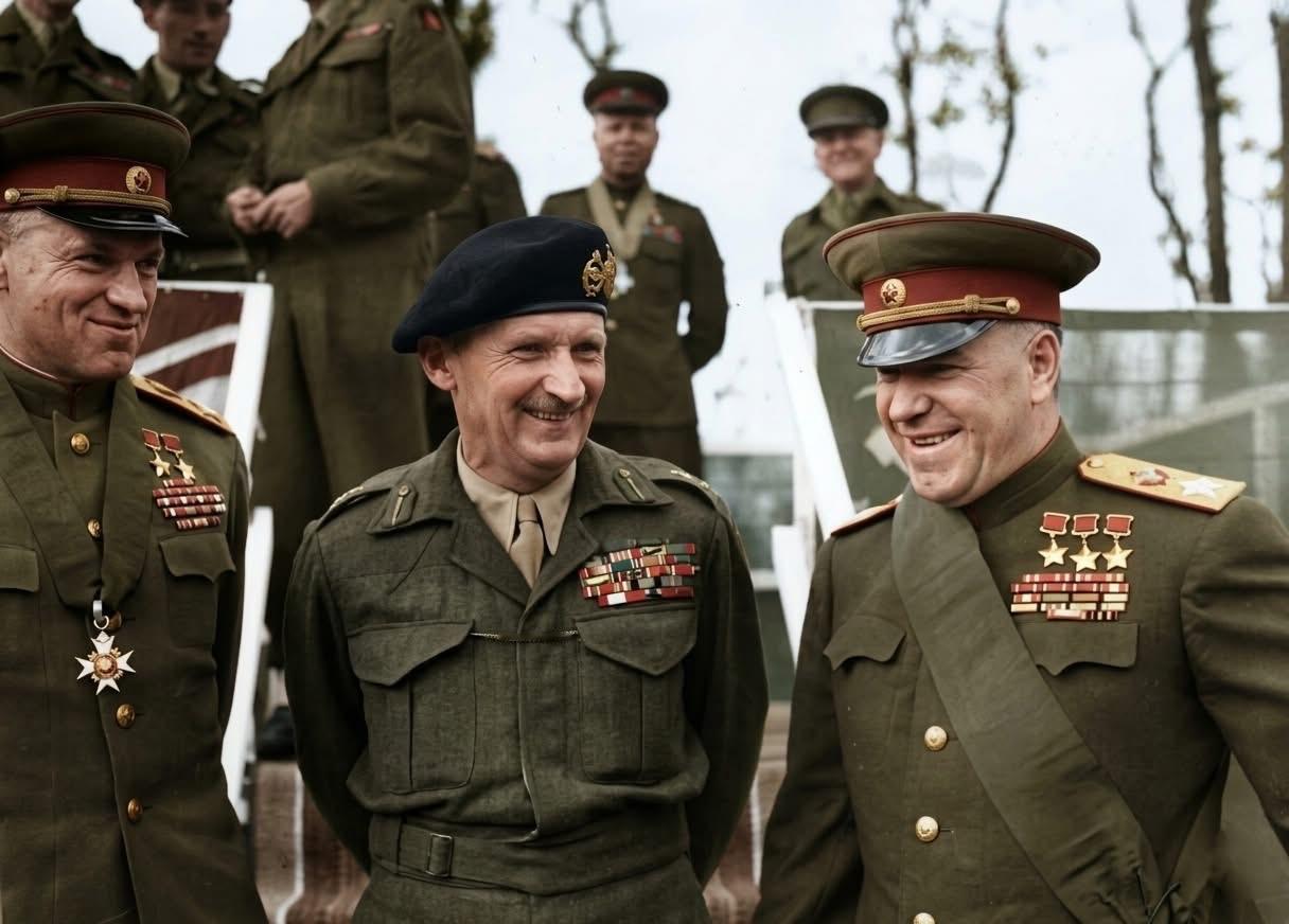 1944年8月，德军投降不久，西线盟军与苏军蜜月期即将结束，英苏统帅合影！苏军