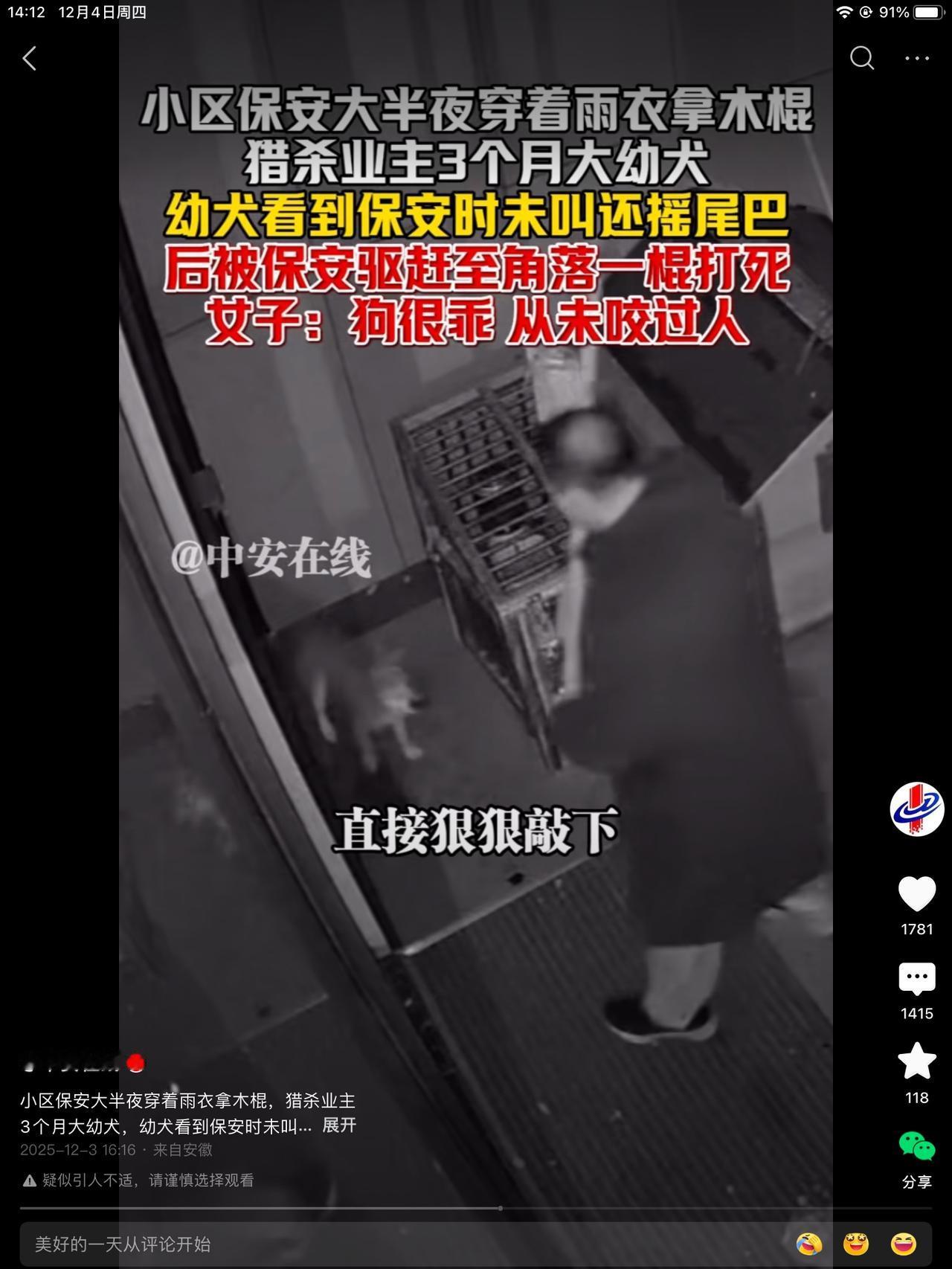 保安大爷，看见一条三个月大的小狗，没栓绳，他值夜班，就去拿了一根棍子，bang一