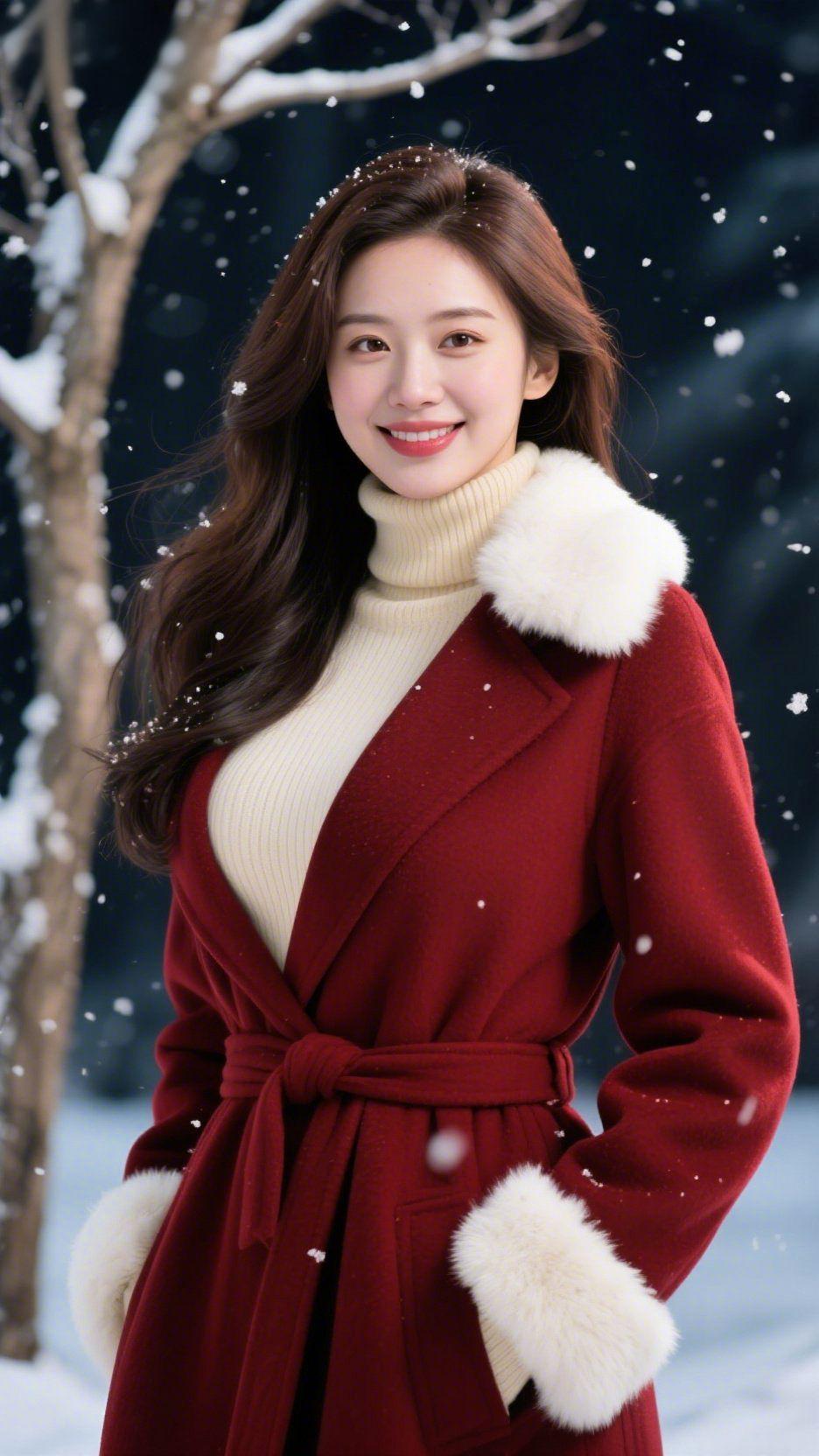 《冬雪裹红衣》晚雪簌簌落满枝桠时，她裹着酒红大衣立在风里。驼色高领绒衫暖如