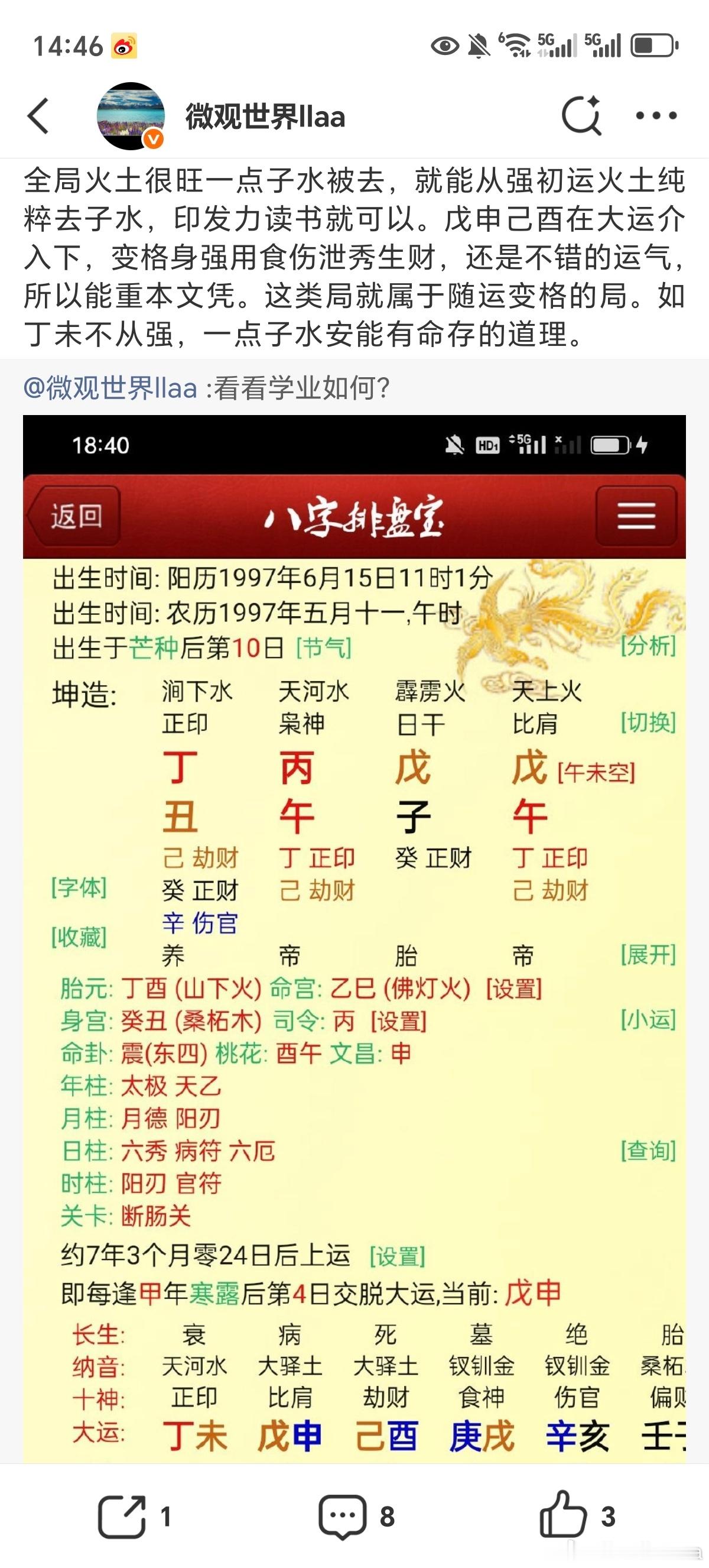 我朋友和这个盘是同八字，现在在国外上班，年薪百万从小读书就好。四同八字，说明大势