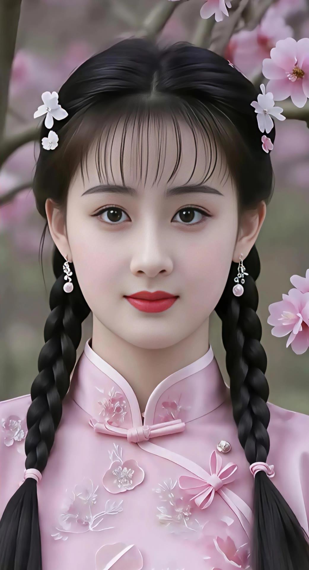 春日少女，粉嫩花枝，黑发编辫，古风典雅。