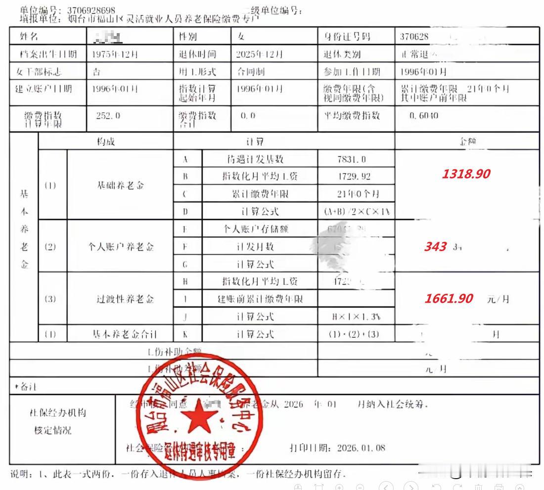 山东烟台养老金！这是一份烟台市福山区灵活就业人员的养老金核定表，很有意思。个