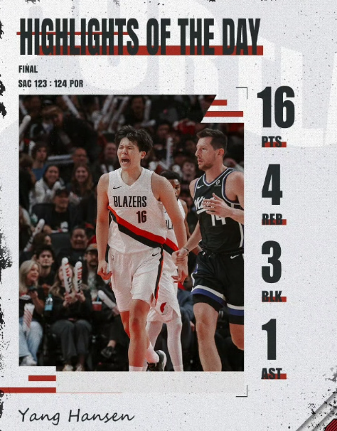 比卢普斯为杨瀚森感到骄傲NBA季前赛，开拓者124-123险胜国王，杨瀚森迎