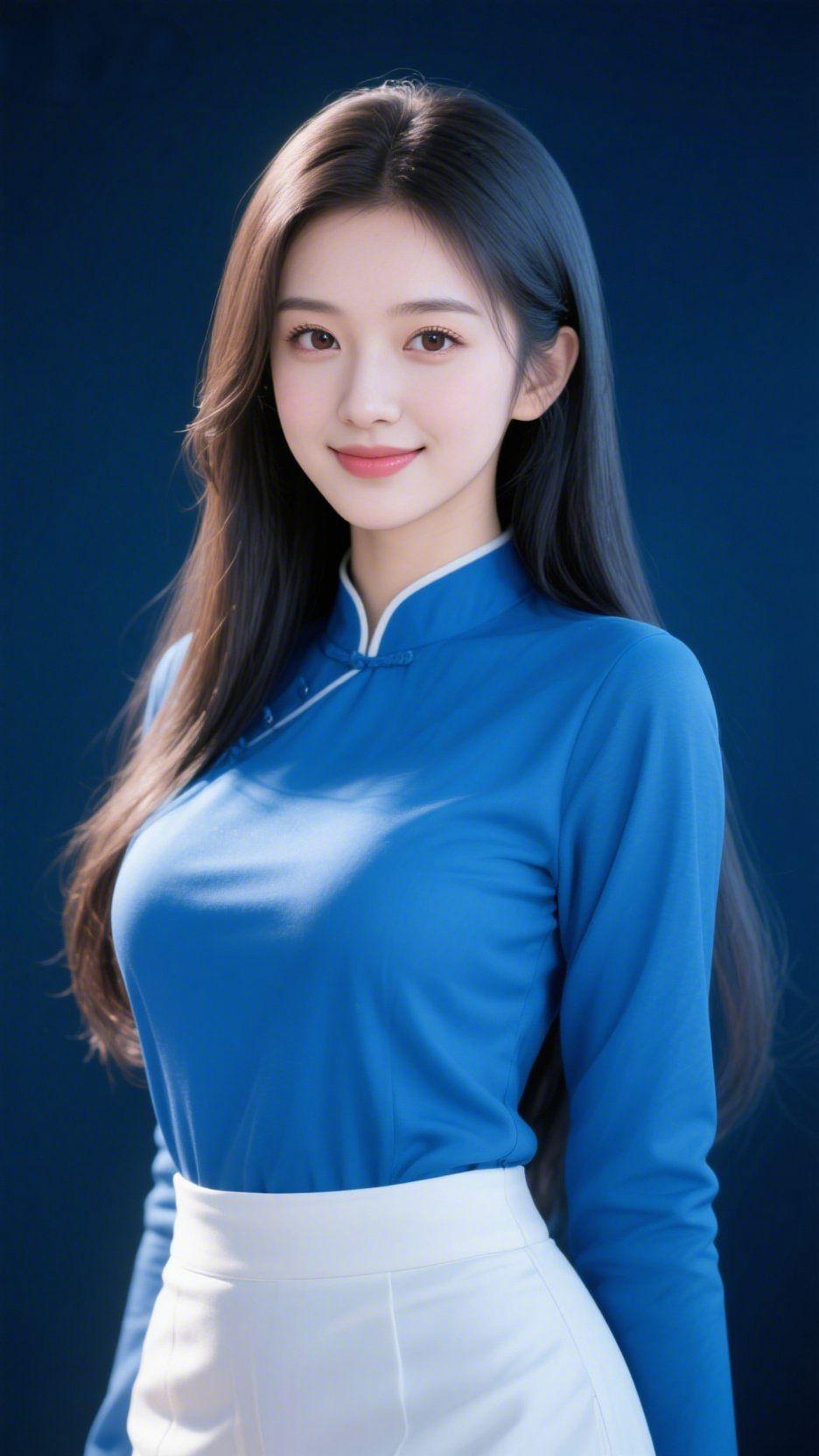 清蓝东方韵自华深邃柔润的蓝调背景，与一身清蓝新中式上衣相映成韵。精巧立领与