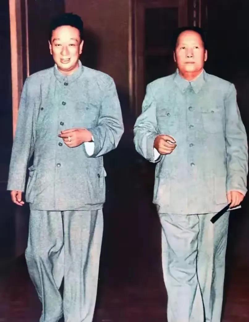 毛主席与柯庆施并肩前行的画面，仿佛定格了一段重要的历史瞬间。两人身着相同颜色的中