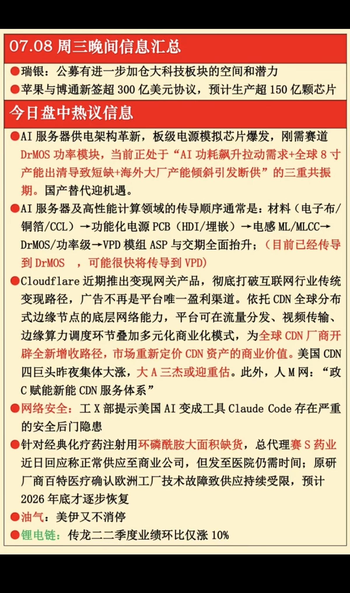 7.08周三晚间财经信息汇总！1.功率模块，AI服务器2.网络安全3