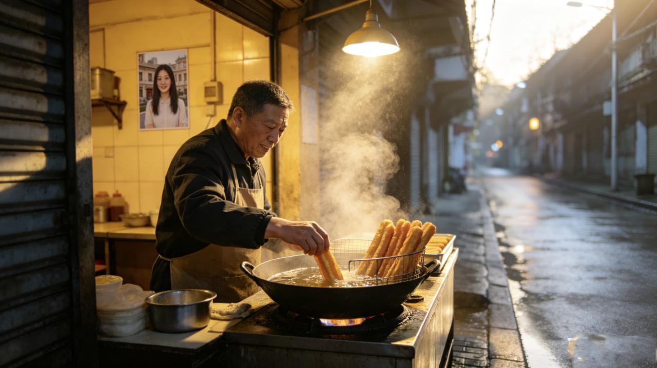 楼下早餐店老板老刘，每天早上四点开门，风雨无阻。有天我问他：“累不累？”他一