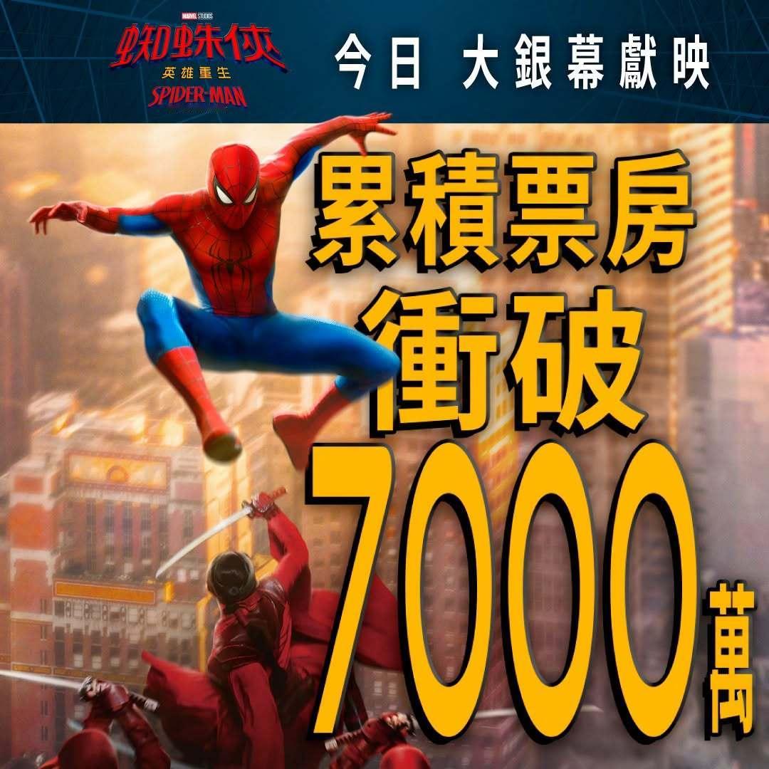 2026年第32周香港票房：1.《蜘蛛侠：崭新之日》蝉联冠军，累计票房6283