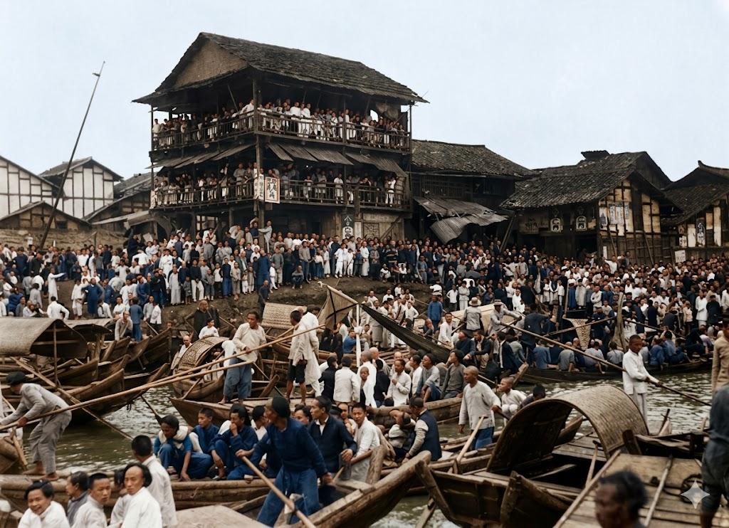 民国，湖南湘潭湘江畔，百姓围观端午龙舟竞渡，一栋湘西样式悬空吊脚木楼，两层回廊挤