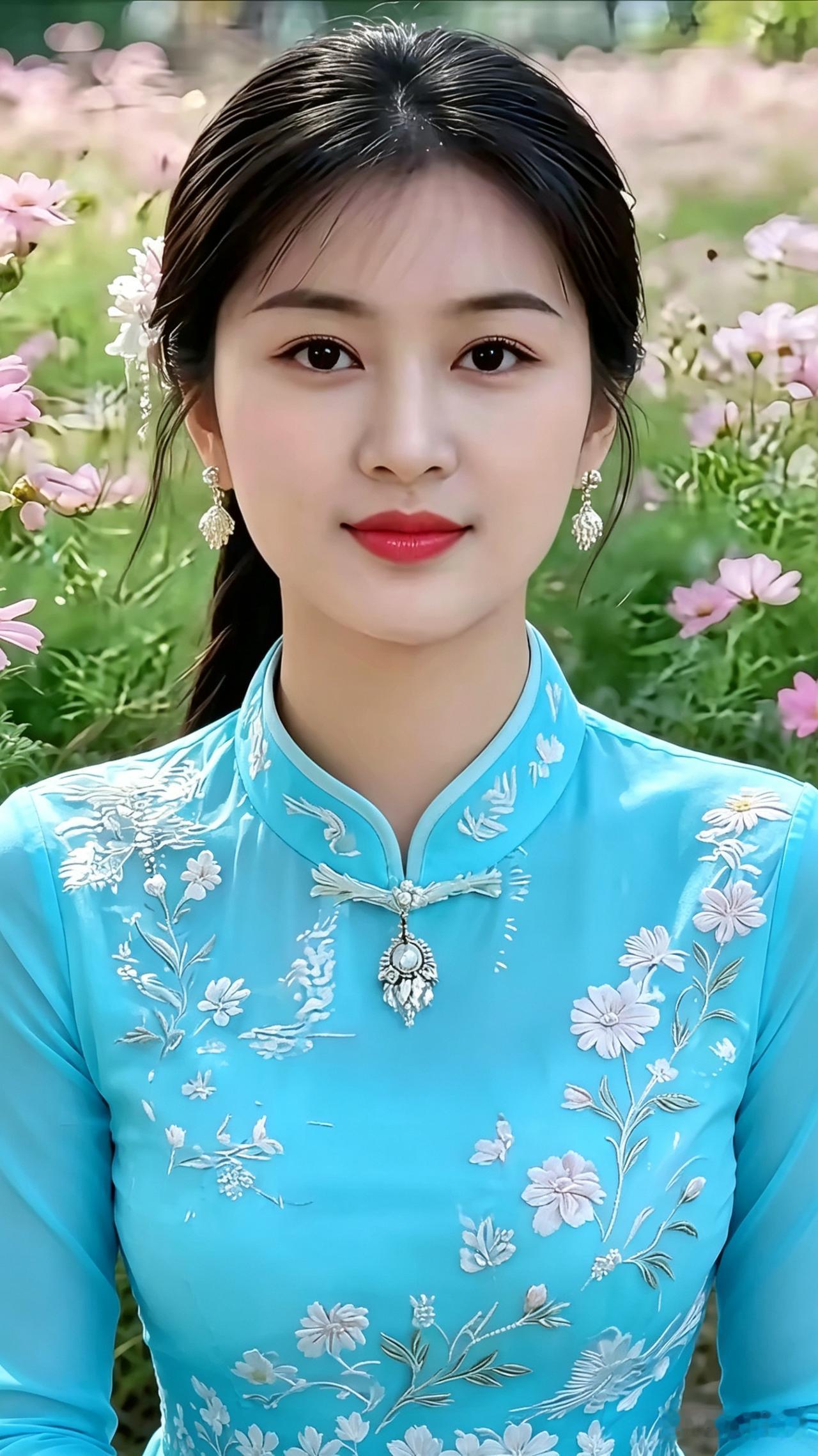 蓝衣花仙天蓝衣裳身上穿，白花绣在领腰间。贴身款式显身段，银饰吊坠挂胸