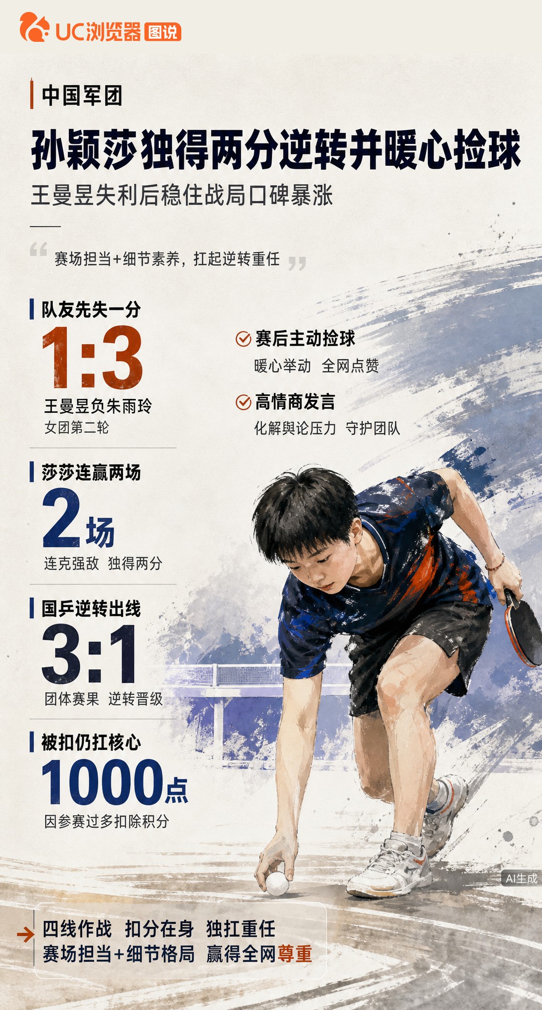 王曼昱1-3输球后，孙颖莎连赢两场助国乒3-1逆转。身兼四项还被扣分，赛后主动捡球安抚队友，这波担当